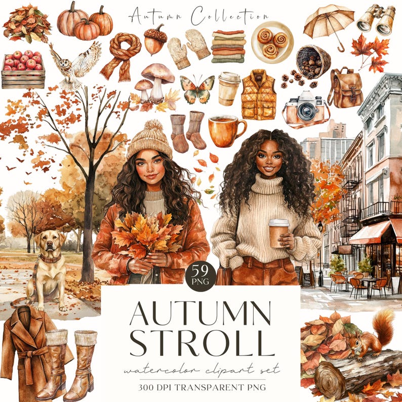 May include: Watercolor clipart set titled "Autumn Stroll" featuring fall-themed illustrations. Includes pumpkins, leaves, a dog, women, and various autumn accessories. The image has the text "Autumn Collection" and "59 PNG".