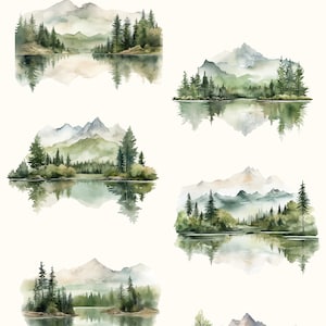 Puede incluir: Cinco ilustraciones de acuarela de paisajes de monta&ntilde;a con lagos y &aacute;rboles. Cada escena presenta un reflejo de las monta&ntilde;as y los &aacute;rboles en el agua. Las ilustraciones est&aacute;n en tonos de verde, azul y marr&oacute;n.