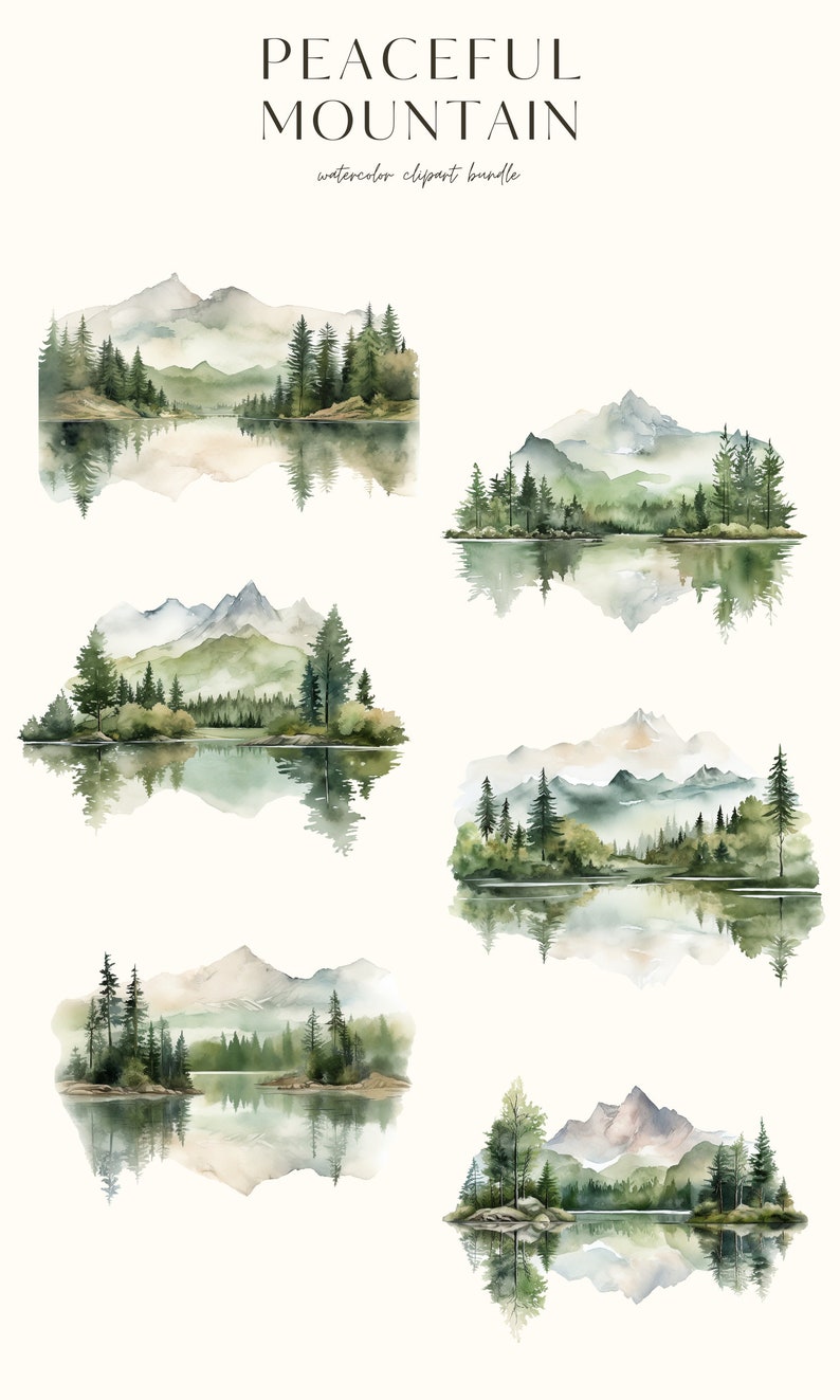 Puede incluir: Cinco ilustraciones de acuarela de paisajes de monta&ntilde;a con lagos y &aacute;rboles. Cada escena presenta un reflejo de las monta&ntilde;as y los &aacute;rboles en el agua. Las ilustraciones est&aacute;n en tonos de verde, azul y marr&oacute;n.