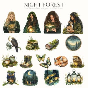 May include: A collection of watercolour illustrations featuring a magical forest theme. The illustrations include a woman with a book, a woman with a lantern, a woman with a deer, a log, a stack of books, a butterfly, a fox, a hedgehog, an owl, a forest scene, and lanterns.