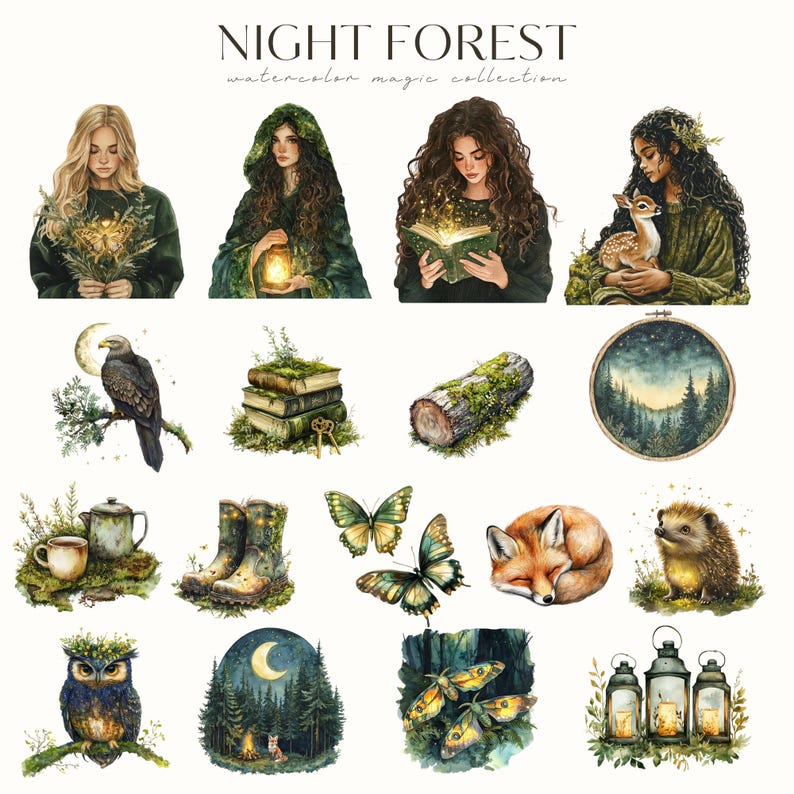 May include: A collection of watercolour illustrations featuring a magical forest theme. The illustrations include a woman with a book, a woman with a lantern, a woman with a deer, a log, a stack of books, a butterfly, a fox, a hedgehog, an owl, a forest scene, and lanterns.