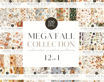 Cozy Autumn Seamless Patterns, Watercolor Neutral Fall JPG, Large Bundle, Repeating Pattern, Scrapbooking, Leaves, Pumpkin, Commercial Use