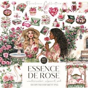 Clipart de aquarela com rosas, Clipart de garota floral, Clipart de aquarela com rosas românticas, Cottagecore, Download digital, Álbum de recortes, Uso comercial