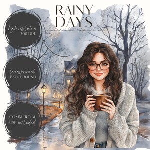 Puede incluir: Conjunto de im&aacute;genes predise&ntilde;adas de acuarela titulado "Rainy Days". La imagen presenta a una mujer con gafas sosteniendo una taza, con una escena de d&iacute;a lluvioso en el fondo. Incluye texto: "alta resoluci&oacute;n 300 DPI", "fondo transparente" y "uso comercial incluido".