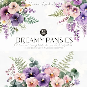 Clipart floral de amor-perfeito em aquarela, PNG floral de amor-perfeito roxo, convite de casamento, flor de verão sonhadora, adesivos digitais, álbum de recortes, comercial