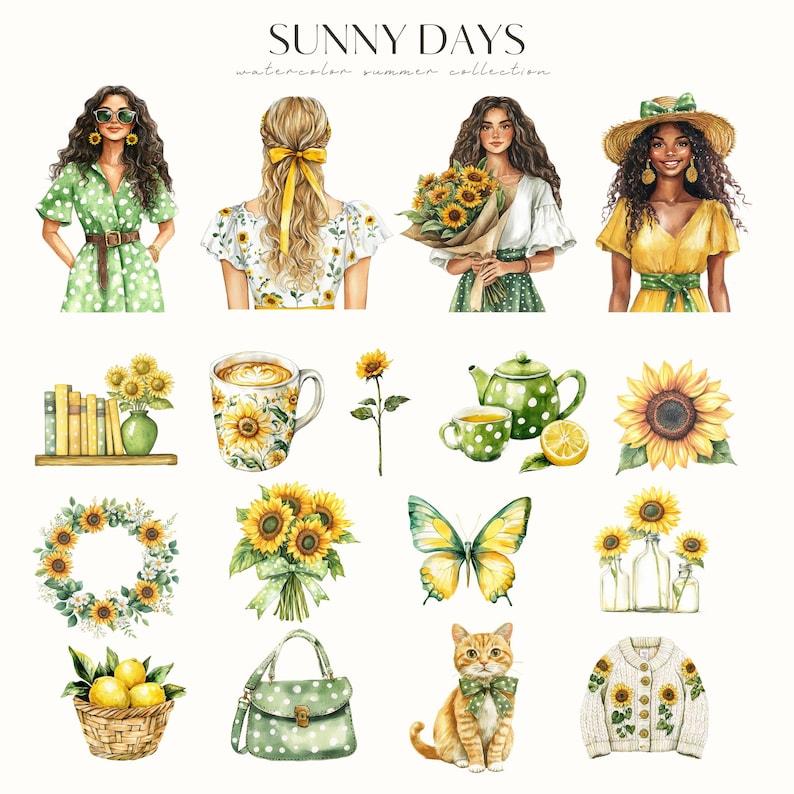 May include: Watercolor illustrations of a summer theme with sunflowers, a woman wearing a green polka dot dress, a woman with blonde hair wearing a floral dress, a woman with brown hair wearing a polka dot dress, a woman with brown hair wearing a yellow dress, a cup of coffee, a teapot, a butterfly, a cat, a wreath, a bag, a sweater, lemons in a basket, and a bouquet of sunflowers.