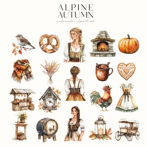 May include: A watercolor illustration set featuring various autumnal elements, including a gingerbread heart, a pretzel, a rooster, a lantern, a pumpkin, a fireplace, a woman in a traditional dress, a cuckoo clock, a barrel, a scarf, a mug of hot beverage, a wagon, and a bird on a branch. The set is titled "Alpine Autumn Watercolor Clipart Set".