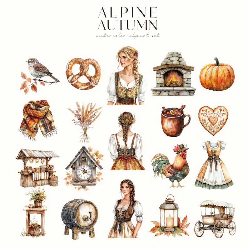 May include: A watercolor illustration set featuring various autumnal elements, including a gingerbread heart, a pretzel, a rooster, a lantern, a pumpkin, a fireplace, a woman in a traditional dress, a cuckoo clock, a barrel, a scarf, a mug of hot beverage, a wagon, and a bird on a branch. The set is titled "Alpine Autumn Watercolor Clipart Set".