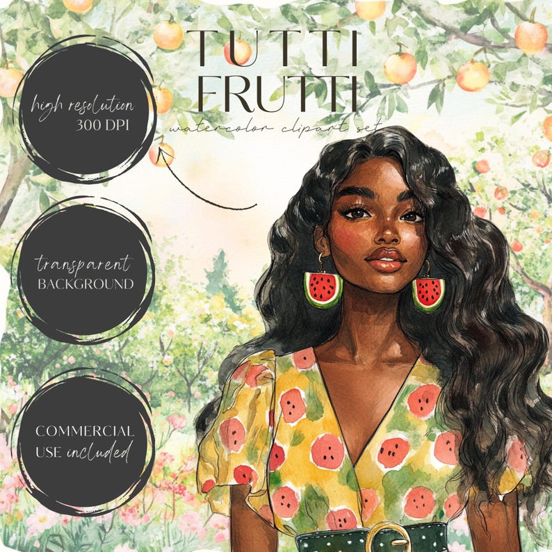 Puede incluir: Ilustraci&oacute;n en acuarela de una mujer con cabello largo y oscuro que usa aretes de sand&iacute;a y un vestido amarillo con dise&ntilde;os de sand&iacute;a roja. La imagen incluye el texto "Tutti Frutti" y detalles sobre el conjunto de im&aacute;genes predise&ntilde;adas.
