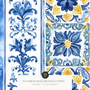 May include: Watercolor seamless patterns in blue, yellow, and white. The design features floral and geometric motifs, with vertical stripes and square tile patterns. The text at the bottom reads "Watercolor Seamless Patterns".