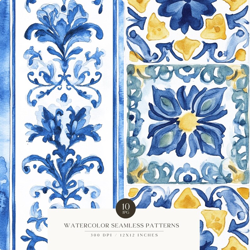 May include: Watercolor seamless patterns in blue, yellow, and white. The design features floral and geometric motifs, with vertical stripes and square tile patterns. The text at the bottom reads "Watercolor Seamless Patterns".