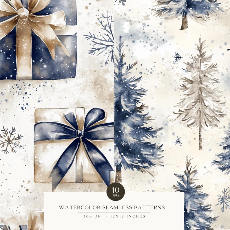 May include: A seamless pattern featuring watercolour illustrations of blue and brown Christmas trees and gift boxes with blue and gold ribbon bows on a white background with a subtle speckled texture. The text "WATERCOLOR SEAMLESS PATTERNS" is at the bottom of the image.