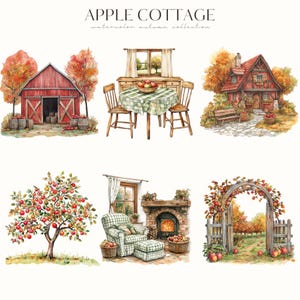 Akvarell mysig höst Clipart, höst PNG, höstvibbar, röd lada, mysig gård, höstäppelskörd, digitala klistermärken, scrapbooking, kommersiell bild 6