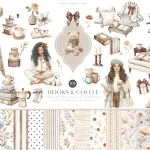 Akvarell bok Clipart Bundle, böcker och kaffe PNG, neutral palettläsning Clipart, kaffegrafik, digital nedladdning