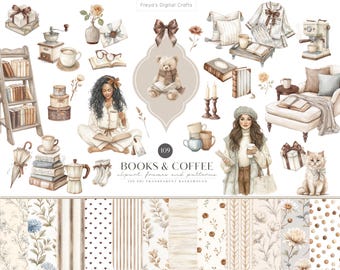 May include: A digital clipart collection featuring watercolor illustrations of books, coffee, cozy furniture, two people, a teddy bear, and a cat. The set includes various patterned backgrounds with floral, striped, and polka dot designs, labeled Books & Coffee.