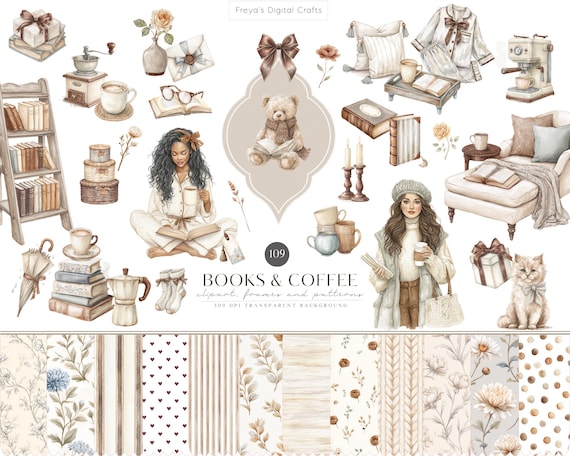 Watercolor Book Clipart Bundle, Books and Coffe PNG, Neutral Palette Reading Clipart, Coffee Graphics, Digital Download
