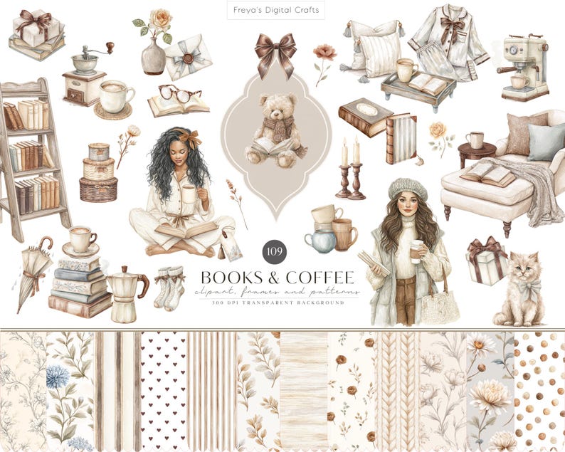 K&ouml;nnte beinhalten: Eine digitale Clipart-Sammlung mit Aquarellillustrationen von B&uuml;chern, Kaffee, gem&uuml;tlichen M&ouml;beln, zwei Personen, einem Teddyb&auml;ren und einer Katze. Das Set enth&auml;lt verschiedene gemusterte Hintergr&uuml;nde mit Blumen-, Streifen- und Punktedesigns, beschriftet mit Books & Coffee.