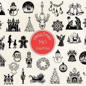 140 Pacote de Natal SVG / PNG para arquivo cortado, árvore de Natal, enfeites Doodle, desenhado à mão, desenho animado, svg, png