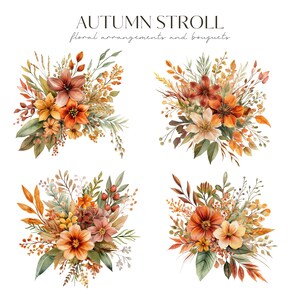 May include: Watercolor floral arrangements and bouquets in shades of orange, yellow, and brown. The image features four arrangements with the text "AUTUMN STROLL" and "floral arrangements and bouquets".