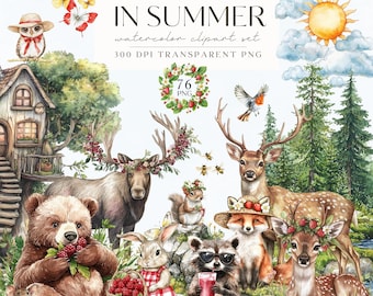 Woodland Animals Clipart, Watercolor Summer Forest Animals PNG, Forest Baby Animals, Nursery Clipart, Woodland Babies, Deer Bear Fox Racoon