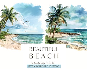 Zestaw akwarelowych klipartów plażowych - Letnie cliparty - Plaża i morze - Dziennik śmieci - Album ze zdjęciami - Sezonowe cliparty - Naklejki cyfrowe - Zastosowanie komercyjne