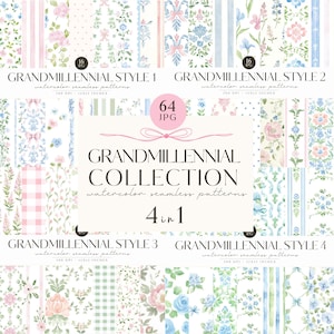 Aquarell Grandmillennial Nahtlose Muster, Pastellblumenhintergrund, Vintage, Streifen, Karo, Stoffmuster, digitaler Download