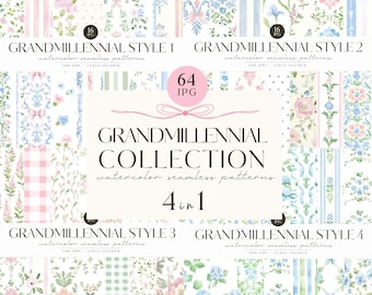 Watercolor Grandmillennial Seamless Patterns, Pastel Floral Background, Vintage, Stripe, Plaid, Fabric Repeating Pattern, Digital Download