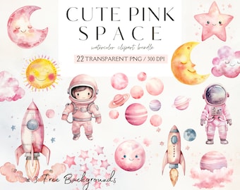 Watercolor Pink Cute Space Clipart Bundle, Pastel Girl Astronaut Nursery Clipart, Astronaut, Spaceship, Rocket, Stars, Moon PNG, Instant
