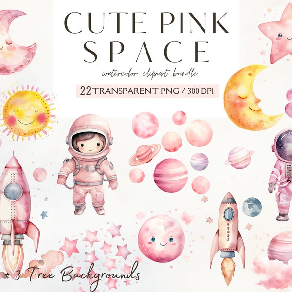 Paquete de imágenes prediseñadas espaciales lindo rosa acuarela, imágenes prediseñadas de guardería de astronauta de niña pastel, astronauta, nave espacial, cohete, estrellas, luna PNG, instantáneo