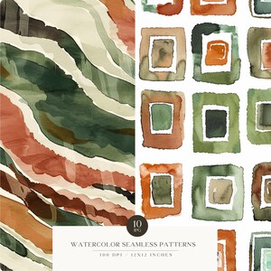 K&ouml;nnte beinhalten: Set mit 10 digitalen nahtlosen Aquarellmustern mit abstrakten geometrischen Formen in Gr&uuml;n-, Braun- und Oranget&ouml;nen. Die Muster eignen sich perfekt zum Erstellen von Hintergr&uuml;nden, Geschenkpapier und anderen kreativen Projekten.