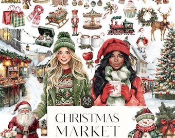 May include: A watercolour clipart set labelled "Christmas Market" featuring festive illustrations. The image includes Santa Claus, a snowman, women in winter clothing, and Christmas decorations such as ornaments, a train, and a Christmas tree.