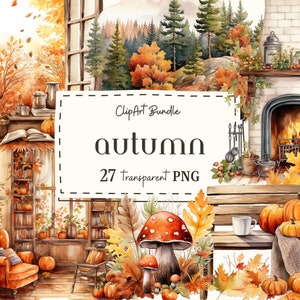 Cenas de Outono - Conjunto de ClipArt de Outono em Aquarela - Clipart de Outono - Ilustrações de Outono - Gráficos - Licença Comercial - Casa de Campo de Outono - Férias de Outono e Outono