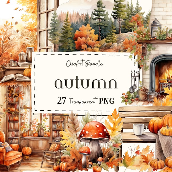 Autumn Scenes-Watercolor Fall ClipArt Set-Fall Clipart-Fall Illustrations-Graphics-Commercial License-Fall Cottage-Autumn and Fall Holiday