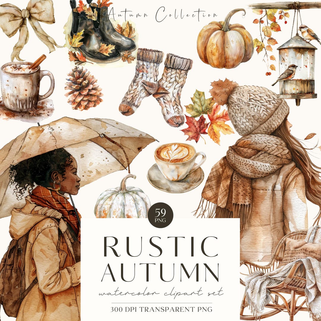 Cozy Autumn, Watercolor Rustic Autumn Clipart, Fall PNG Graphics, Cozy ...