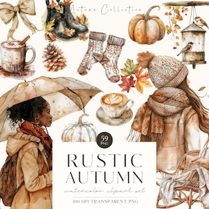 Otoño acogedor, imágenes prediseñadas de otoño rústico de acuarela, gráficos PNG de otoño, ilustración de chica acogedora, especia de calabaza, hoja, Cottagecore, licencia comercial