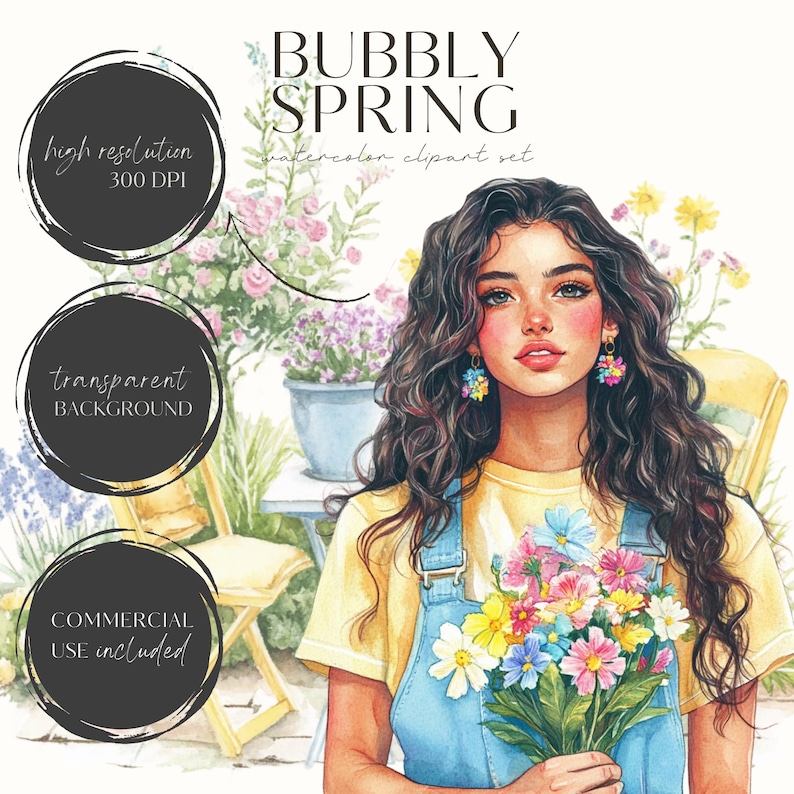 Puede incluir: Una ilustraci&oacute;n de acuarela de una mujer con cabello largo y rizado marr&oacute;n sosteniendo un ramo de flores coloridas. Lleva una camisa amarilla y un mono azul. El fondo es una escena de jard&iacute;n con flores y una silla.