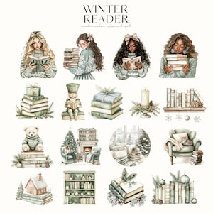 May include: A set of watercolour clipart illustrations featuring winter scenes with books, including a woman reading a book, a stack of books, a fireplace, a bookshelf, and a cosy armchair. The illustrations are in a green and white colour scheme with a wintery theme.