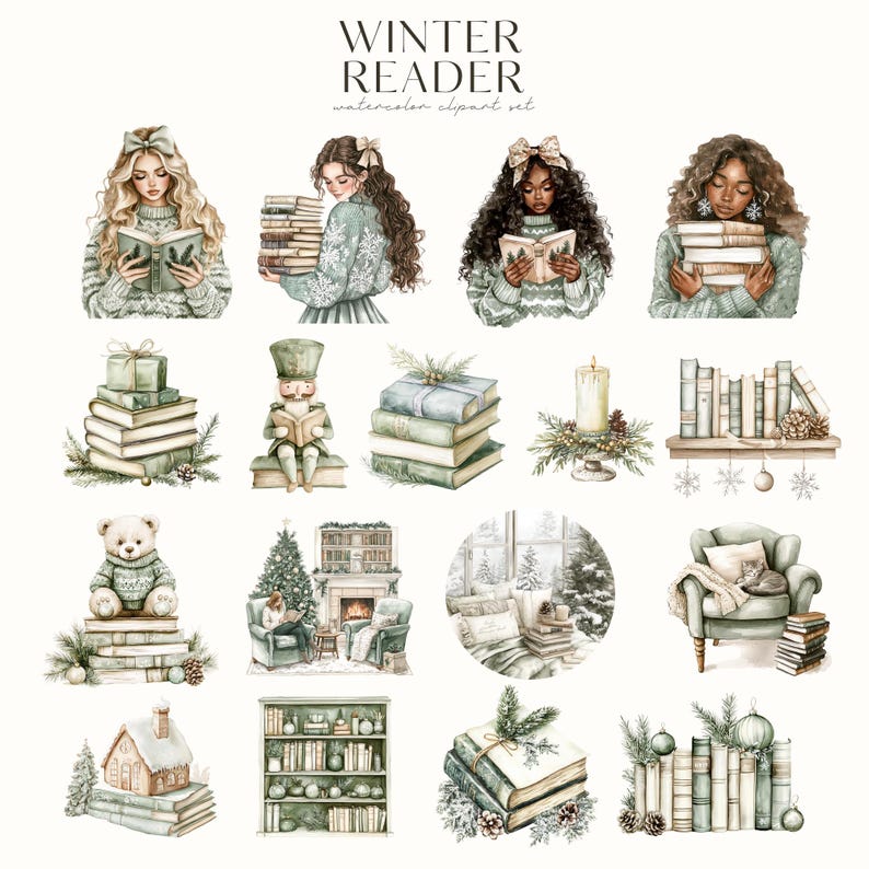 May include: A set of watercolour clipart illustrations featuring winter scenes with books, including a woman reading a book, a stack of books, a fireplace, a bookshelf, and a cosy armchair. The illustrations are in a green and white colour scheme with a wintery theme.