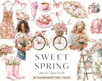 Pink Spring ClipArt-Watercolor Sweet Spring Graphics-Cottagecore-Spring PNG Elements-Floral Clipart-Junk Journal-Digital Stickers-Commercial