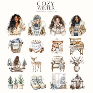 May include: A set of watercolor illustrations featuring cozy winter scenes. The illustrations include people, animals, food, and winter decor. The illustrations are perfect for adding a touch of winter cheer to your projects.