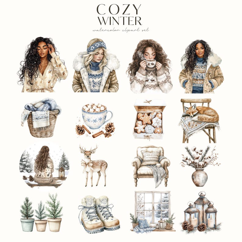 May include: A set of watercolor illustrations featuring cozy winter scenes. The illustrations include people, animals, food, and winter decor. The illustrations are perfect for adding a touch of winter cheer to your projects.