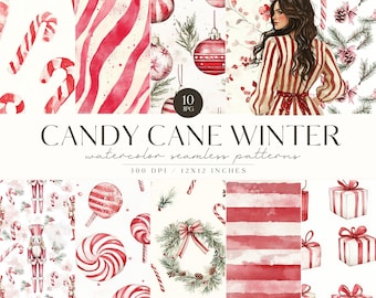 Cozy Winter Seamless Patterns, Candy Cane Pattern, Neutral Christmas JPG, Repeating Pattern, Scrapbooking, Red, Pine, Cute, Commercial Use