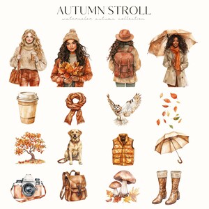 May include: Watercolor illustrations of autumn-themed items. The image includes figures of women, a coffee cup, a scarf, an owl, falling leaves, a tree, a dog, a vest, an umbrella, a camera, a backpack, mushrooms, and boots. Text reads "AUTUMN STROLL watercolor autumn collection."