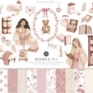 May include: A digital collection of watercolor illustrations featuring books, tea sets, a teddy bear, furniture, and floral patterns. The set includes two figures holding books, a bookshelf, a grandfather clock, and various stationery items in soft pink and brown tones.