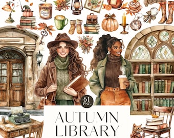 Watercolor Autumn Cozy Reading Clipart, Fall Books, Booklover PNG, Autumnal Vibes, Library, Digital Stickers, Scrapbooking, Commercial Use