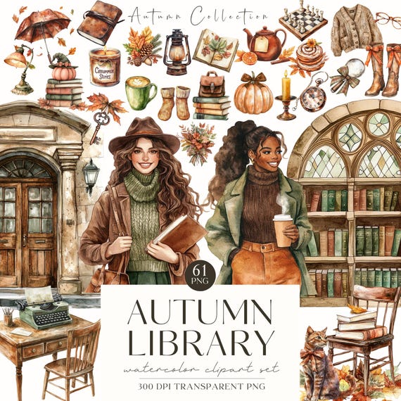 Watercolor Autumn Cozy Reading Clipart, Fall Books, Booklover PNG, Autumnal Vibes, Library, Digital Stickers, Scrapbooking, Commercial Use