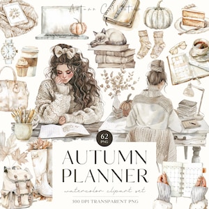 Acogedor gráfico del planificador de otoño, diario neutro en acuarela, gráficos PNG de otoño, boho, lectura de otoño, ratón de biblioteca, Cottagecore, licencia comercial