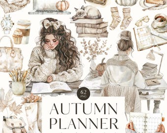 Mysig höstplanerare Clipart, akvarell neutral journaling, höst PNG-grafik, boho, höstläsning, bokmal, Cottagecore, kommersiell licens