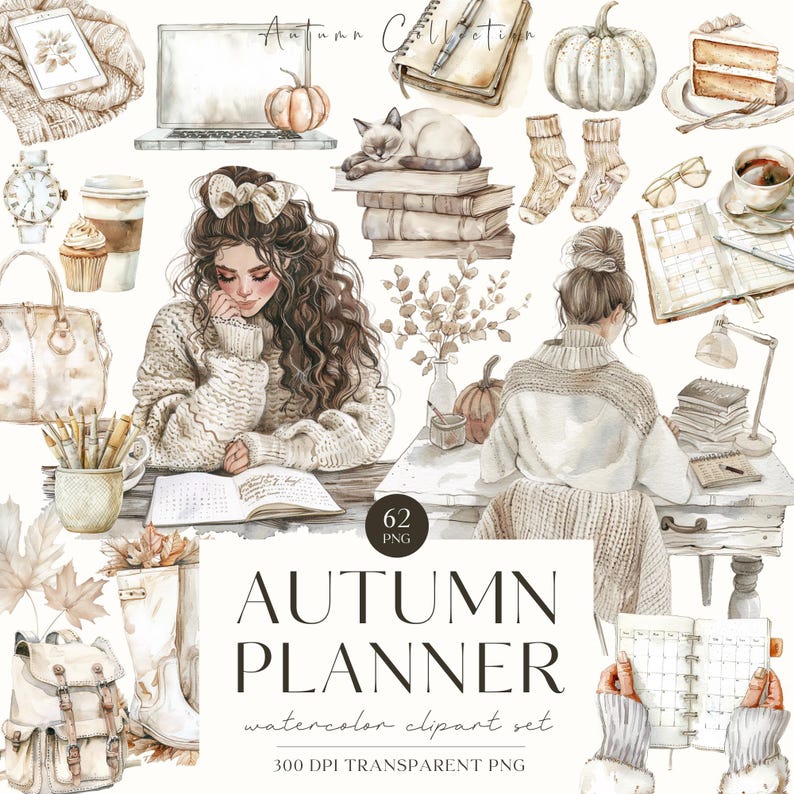 Pu&ograve; includere: Un set di 62 elementi di pianificazione autunnale in acquerello. Il set include illustrazioni di una donna che legge un libro, un gatto che dorme su libri, una zucca, una tazza di caff&egrave;, un laptop, un quaderno, una matita, un paio di calzini, un paio di occhiali, un calendario, una lampada, un mazzo di fiori, uno zaino, un paio di stivali e un libro con un calendario.