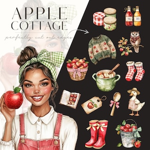 Akvarell mysig höst Clipart, höst PNG, höstvibbar, röd lada, mysig gård, höstäppelskörd, digitala klistermärken, scrapbooking, kommersiell bild 8